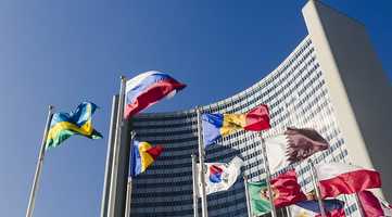 National flags outside an office block